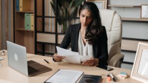 Female lawyer sitting at a desk