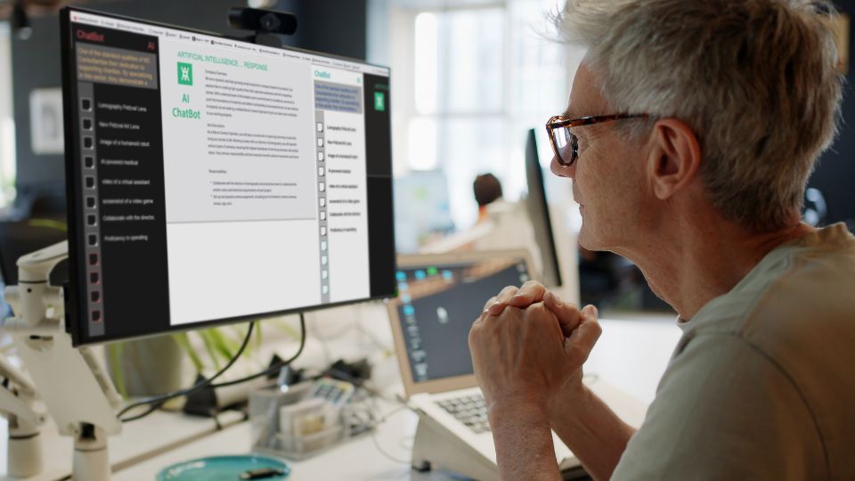 A person sitting at their desk with an AI tool open on their computer screen.