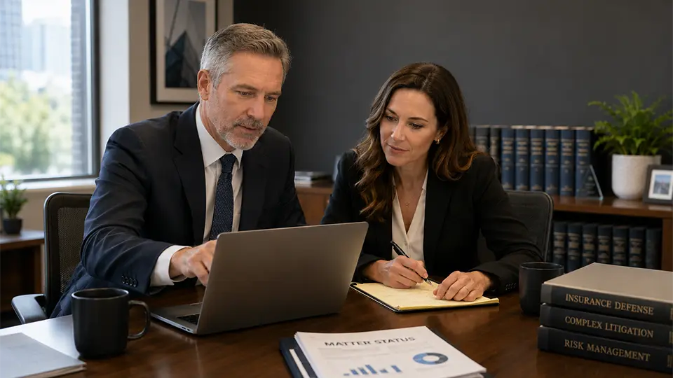 A male and female lawyer reviewing a case matter together at a desk.